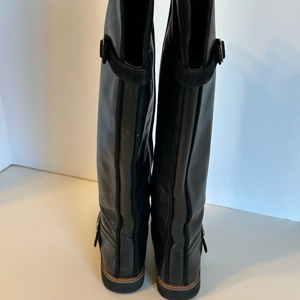 Franco Sarto Black Leather Knee-High Riding Boots with Buckle Sz 5